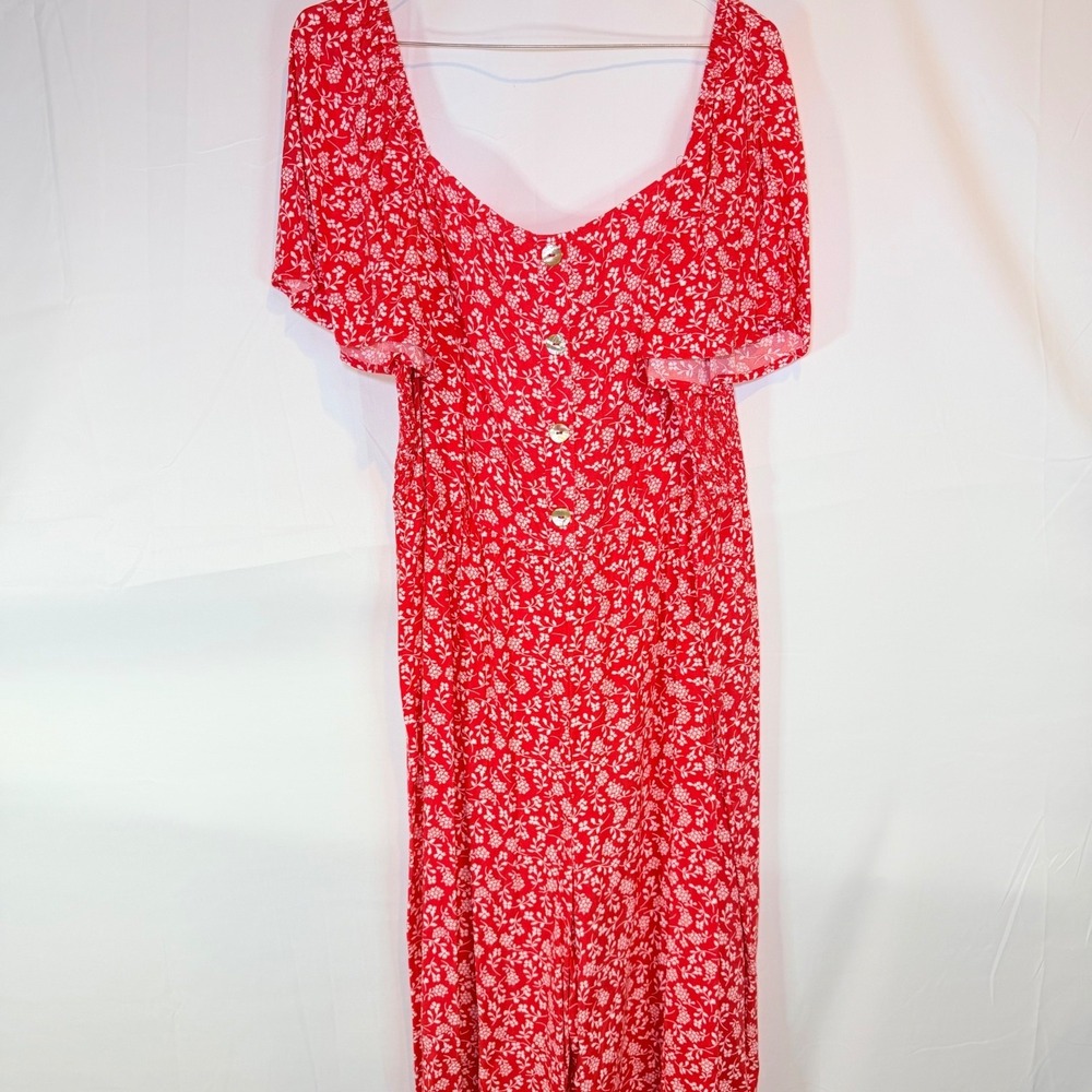 LUXOLOGY Women's‎ Red White Floral XL Smocked Maxi Dress Summer Vacation